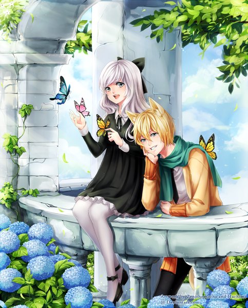 Anime picture 806x1000 with original zenithomocha hachiimi long hair tall image fringe short hair open mouth blonde hair smile sitting animal ears sky silver hair cloud (clouds) white hair sunlight grey eyes couple fox ears