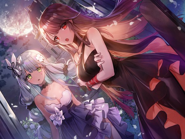 Anime picture 1800x1350 with girls frontline hk416 (girls frontline) wa2000 (girls frontline) hk416 (starry cocoon) (girls frontline) apple caramel long hair looking at viewer blush fringe highres open mouth light erotic hair between eyes red eyes brown hair standing twintails multiple girls green eyes cleavage