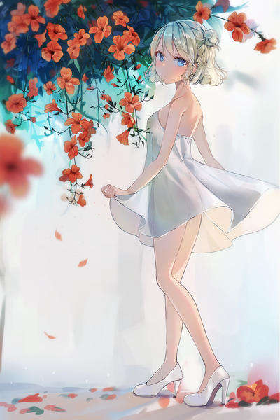 Anime-Bild 873x1308 mit original sabet (young ouo) single tall image looking at viewer blush short hair blue eyes blonde hair bare shoulders full body looking back hair bun (hair buns) high heels see-through silhouette girl dress flower (flowers) petals white dress