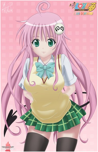 Anime picture 1024x1587 with toloveru xebec lala satalin deviluke uznaruto single long hair tall image looking at viewer blush smile green eyes pink hair ahoge tail inscription coloring pink background girl thighhighs uniform