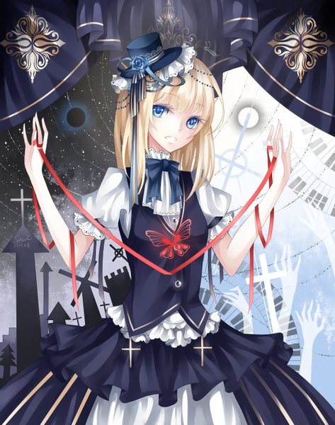 Anime picture 1182x1499 with original stari single long hair tall image highres blue eyes blonde hair dress flower (flowers) ribbon (ribbons) bow hat insect butterfly moon cross cemetery