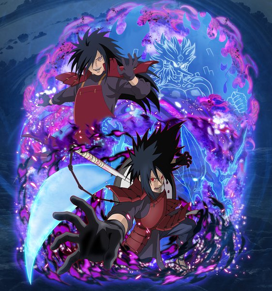 Anime picture 1087x1161 with naruto studio pierrot naruto (series) uchiha madara shiroshikun666 long hair tall image looking at viewer fringe open mouth black hair hair between eyes red eyes purple eyes full body bent knee (knees) hair over one eye floating hair outstretched arm third-party edit