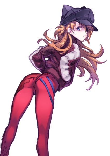 Anime picture 850x1200 with neon genesis evangelion gainax soryu asuka langley matsuryuu single long hair tall image looking at viewer simple background white background ass looking back orange hair turning head arched back hands in pockets sketch girl bodysuit eyepatch