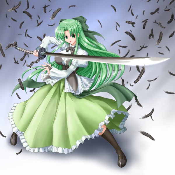 Anime picture 1200x1200 with riviera fia (riviera) raochuu single long hair green eyes green hair girl dress bow weapon hair bow sword socks katana black socks chain feather (feathers)