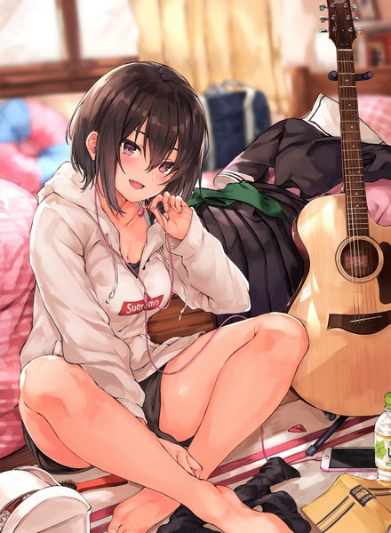 Anime picture 1689x2300 with original maki (maki pei) single tall image looking at viewer blush fringe short hair breasts open mouth smile hair between eyes brown hair sitting holding brown eyes cleavage bent knee (knees) indoors long sleeves