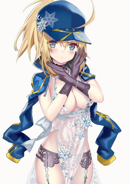 Anime picture 847x1200 with fate (series) fate/grand order artoria pendragon (all) artoria pendragon (lancer alter) mysterious heroine xx (foreigner) shino (eefy) single long hair tall image looking at viewer blush fringe breasts blue eyes light erotic simple background blonde hair hair between eyes standing white background