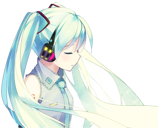 Anime picture 827x671 with vocaloid hatsune miku haruwakame single long hair simple background white background twintails bare shoulders upper body eyes closed profile aqua hair girl necktie headphones