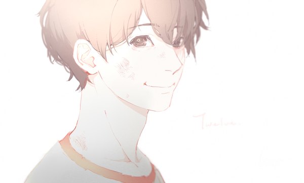 Anime picture 1289x777 with zankyou no terror mappa twelve gunni single looking at viewer fringe short hair simple background smile brown hair wide image white background brown eyes lips close-up boy