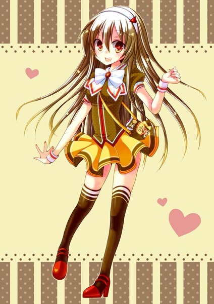 Anime picture 820x1160 with original yukijirushi yukiko-tan meiya neon single long hair tall image looking at viewer blush open mouth red eyes brown hair girl thighhighs dress skirt heart bag skirt set