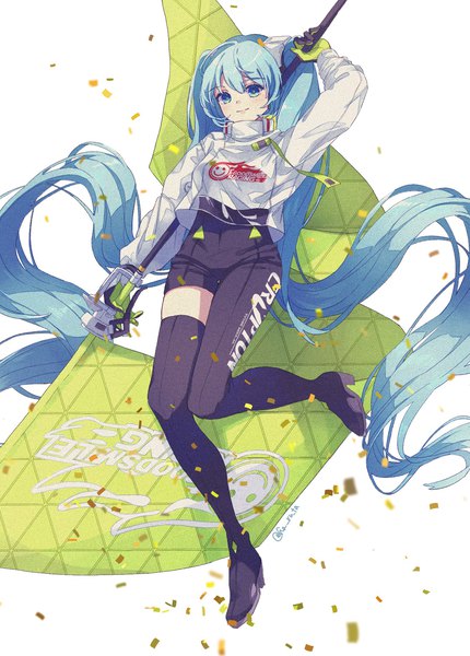 Anime picture 1360x1899 with vocaloid goodsmile racing hatsune miku racing miku racing miku (2022) haruta (user dndp3458) single tall image fringe smile hair between eyes white background twintails signed looking away very long hair aqua eyes aqua hair zettai ryouiki twitter username