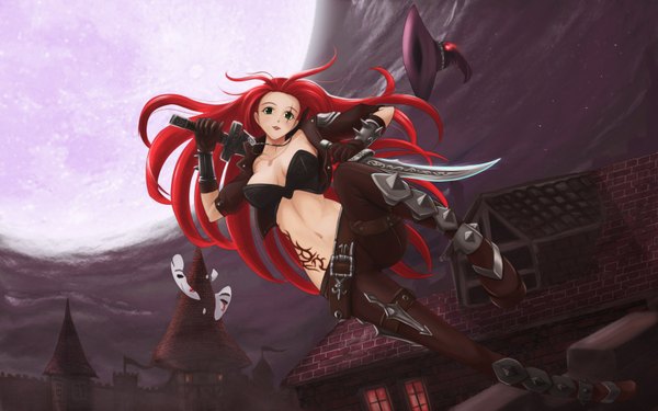 Anime picture 1600x1000 with league of legends katarina (league of legends) seiryu zaiten single long hair looking at viewer light erotic green eyes red hair tattoo scar girl gloves navel weapon dagger