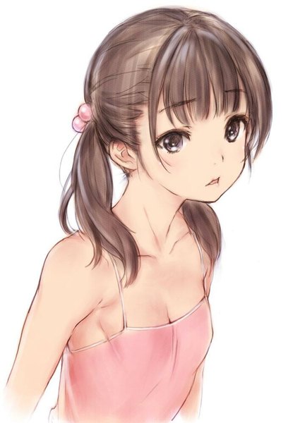 Anime picture 680x1000 with original kawata hisashi single long hair tall image fringe breasts open mouth simple background brown hair white background twintails bare shoulders black eyes flat chest girl hair ornament hair tie hair bobbles