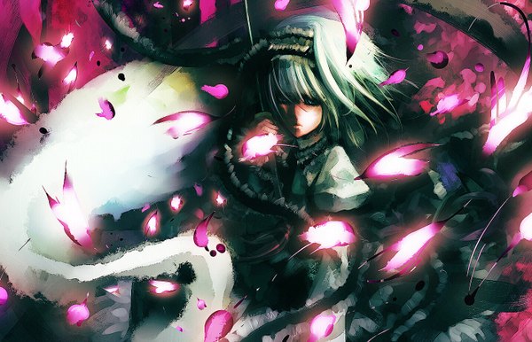 Anime picture 1435x924 with touhou konpaku youmu myon dain single short hair white hair cherry blossoms girl weapon petals sword