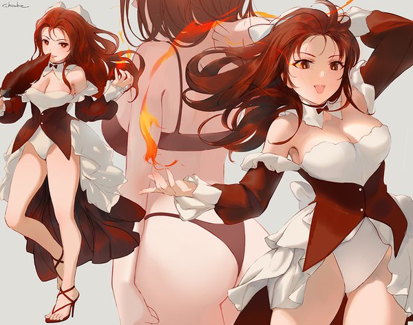 Anime picture 1024x807 with original chowbie long hair looking at viewer blush fringe breasts open mouth light erotic simple background red eyes brown hair large breasts standing bare shoulders holding signed cleavage full body ass