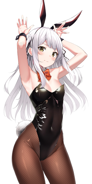 Anime picture 2250x4500 with original apple ringo single long hair tall image blush fringe highres breasts light erotic simple background standing white background animal ears payot silver hair tail head tilt animal tail light smile