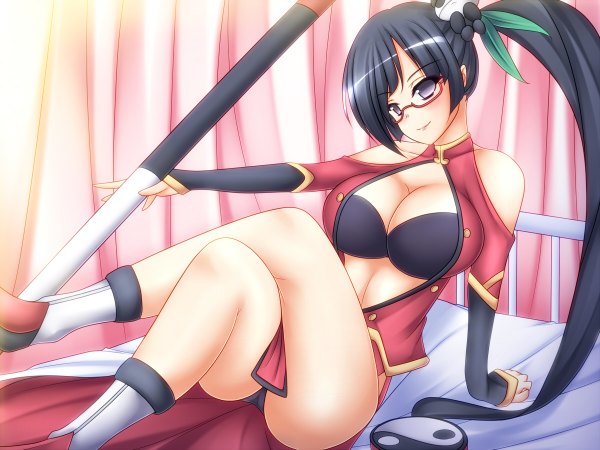 Anime picture 1200x900 with blazblue litchi faye ling mikan (5555) long hair breasts light erotic black hair bare shoulders black eyes girl glasses bed