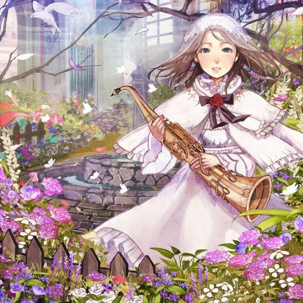 Anime picture 1200x1200 with original shigureteki single long hair brown hair aqua eyes girl dress flower (flowers) plant (plants) animal petals water hairband bird (birds) insect butterfly branch musical instrument fountain