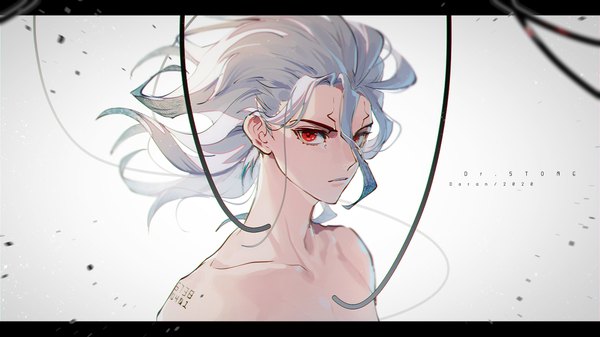 Anime picture 2000x1126 with dr. stone ishigami senkuu doran7280 single long hair looking at viewer fringe highres simple background hair between eyes red eyes wide image bare shoulders signed upper body grey hair copyright name floating hair turning head facial mark