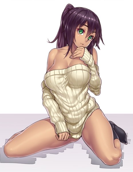 Anime picture 800x1033 with original houtengeki single long hair tall image looking at viewer blush breasts light erotic black hair simple background smile large breasts white background sitting bare shoulders green eyes cleavage ponytail bare legs