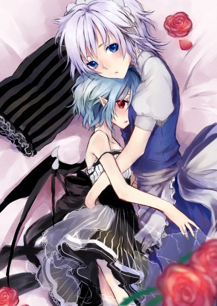 Anime picture 1000x1412 with touhou remilia scarlet izayoi sakuya tall image short hair blue eyes red eyes multiple girls blue hair silver hair pointy ears maid hug shoujo ai bat wings girl dress flower (flowers) 2 girls wings