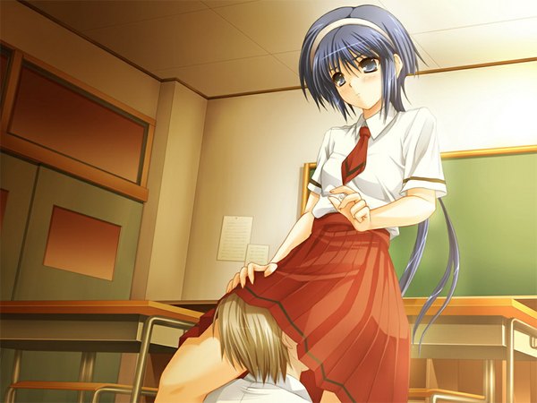 Anime picture 1024x768 with chaste chase! kiri nishiki long hair blush blue eyes light erotic blue hair game cg girl serafuku