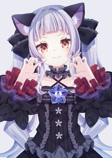 Anime picture 1889x2658 with virtual youtuber hololive murasaki shion murasaki shion (5th costume) sapphire (sapphire25252) single long hair tall image looking at viewer fringe highres simple background smile twintails animal ears yellow eyes silver hair upper body blunt bangs head tilt