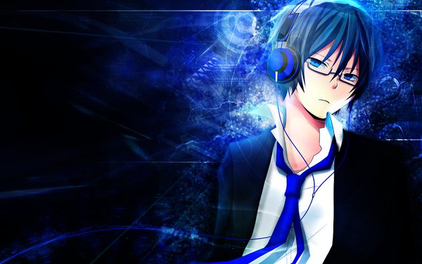 Anime picture 1280x800 with persona arisato minato single looking at viewer short hair blue eyes wide image blue hair dark background open collar boy glasses necktie headphones suit