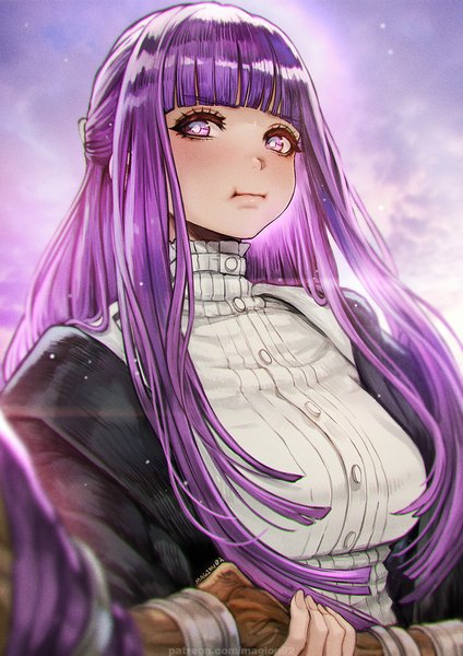 Anime picture 1000x1414 with sousou no frieren fern (sousou no frieren) magion02 single long hair tall image looking at viewer fringe purple eyes purple hair upper body blunt bangs half updo girl
