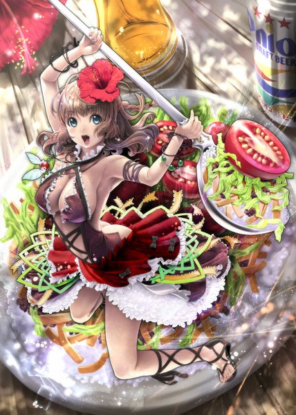 Anime picture 745x1044 with original sumomo kpa single long hair tall image looking at viewer breasts open mouth blue eyes light erotic brown hair large breasts cleavage hair flower girl dress hair ornament flower (flowers) food sandals