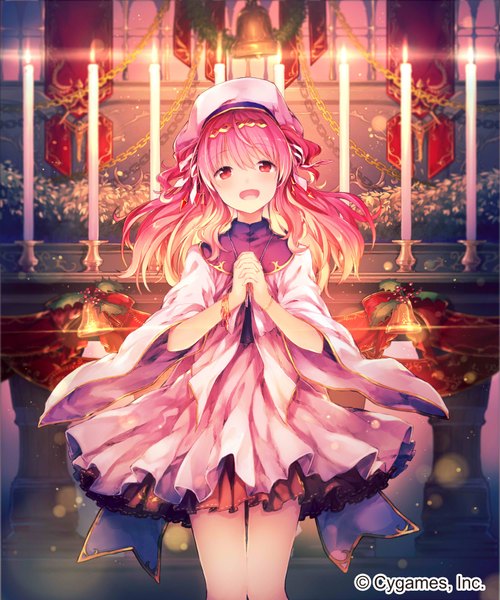 Anime picture 3000x3600 with shingeki no bahamut en@rain single long hair tall image looking at viewer highres open mouth smile red eyes pink hair blurry two side up depth of field watermark christmas girl dress ribbon (ribbons) hat