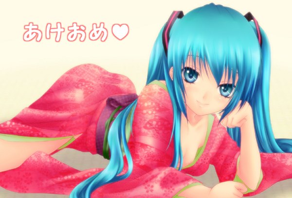 Anime picture 1118x762 with vocaloid hatsune miku harukaze tsukushi single long hair looking at viewer blue eyes light erotic smile twintails blue hair lying japanese clothes on stomach girl kimono