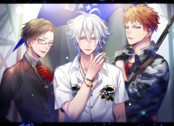 Anime picture 2500x1809 with hypnosis mic aohitsugi samatoki iruma juuto busujima riou mason hakuseki looking at viewer fringe highres short hair blue eyes hair between eyes brown hair green eyes silver hair ahoge upper body orange hair multiple boys orange eyes piercing