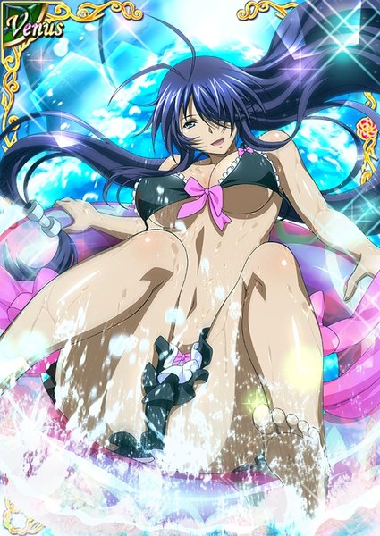 Anime picture 567x800 with ikkitousen kanu unchou single tall image looking at viewer fringe breasts blue eyes light erotic black hair very long hair hair over one eye card (medium) girl swimsuit bikini black bikini