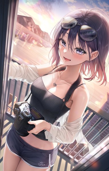 Anime picture 3200x5000 with original 0v0 (l seohui) single tall image looking at viewer blush fringe highres short hair breasts open mouth blue eyes black hair smile hair between eyes standing bare shoulders holding absurdres sky