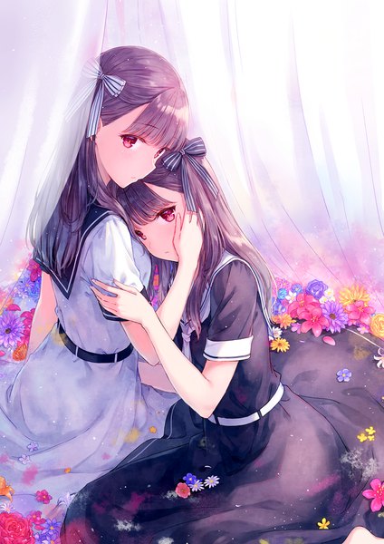 Anime picture 707x1000 with original hiten (hitenkei) long hair tall image looking at viewer fringe red eyes sitting multiple girls purple hair blunt bangs short sleeves hug sailor collar hand on another's face girl dress flower (flowers) ribbon (ribbons) 2 girls