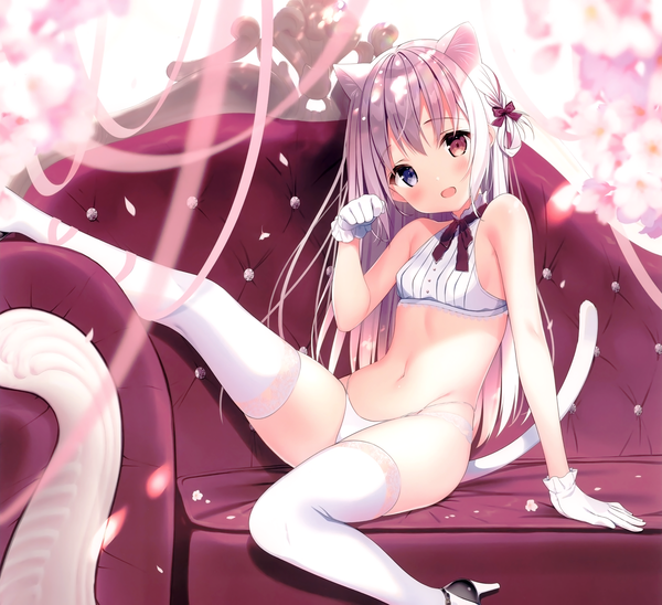 Anime picture 3186x2913 with original futaba miwa single long hair looking at viewer blush fringe highres breasts open mouth blue eyes light erotic smile hair between eyes red eyes sitting bare shoulders animal ears pink hair absurdres