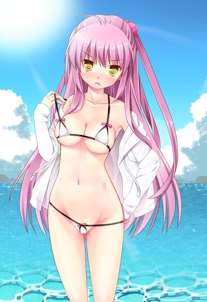 Anime picture 1325x1932 with little busters! key (studio) futaki kanata ringo sui single long hair tall image blush breasts light erotic yellow eyes purple hair girl navel swimsuit bikini white bikini micro bikini