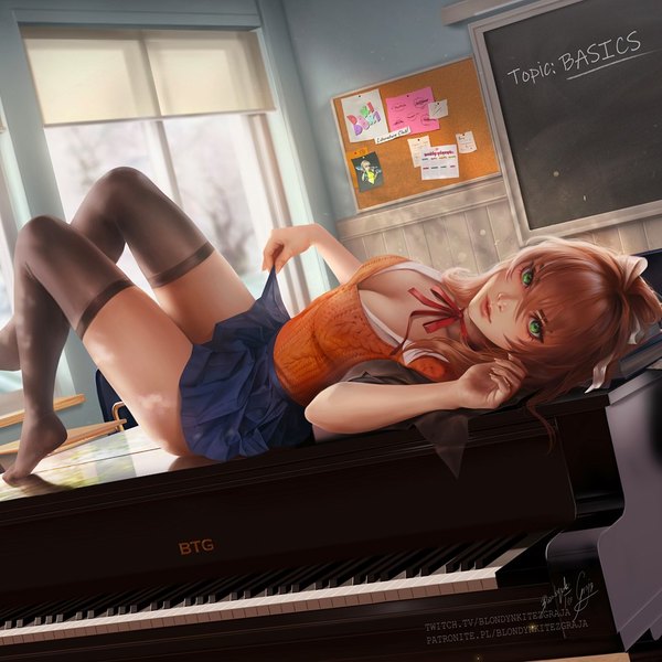 Anime picture 960x960 with doki doki literature club monika (doki doki literature club) blondynkitezgraja single long hair looking at viewer fringe breasts light erotic hair between eyes brown hair green eyes signed cleavage bent knee (knees) indoors lying realistic on back dutch angle