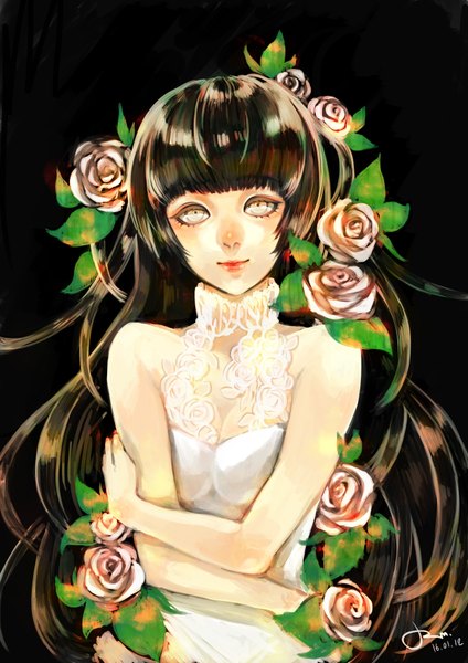 Anime picture 1240x1754 with original rm-parfait single long hair tall image looking at viewer fringe simple background brown hair bare shoulders signed black background white eyes girl dress flower (flowers) white dress rose (roses) lace