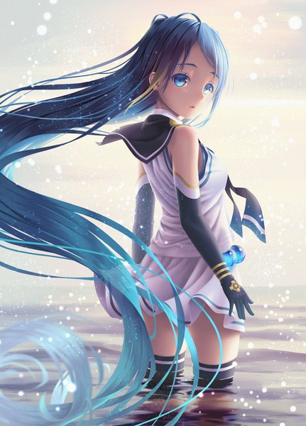 Anime picture 1151x1600 with kantai collection samidare destroyer hane yoshiyumi single tall image looking at viewer blue eyes standing bare shoulders blue hair very long hair looking back wind partially submerged wind lift girl thighhighs gloves uniform black thighhighs