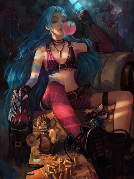 Anime picture 1000x1333 with league of legends jinx (league of legends) blessing single long hair tall image highres sitting bare shoulders blue hair pink eyes tattoo girl thighhighs gloves navel weapon shorts boots belt