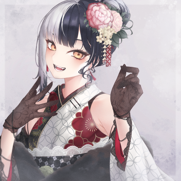 Anime picture 3728x3728 with virtual youtuber hololive hololive english shiori novella shiori novella (new year) a9 (repainter) single looking at viewer highres short hair open mouth black hair simple background yellow eyes absurdres silver hair upper body traditional clothes :d japanese clothes