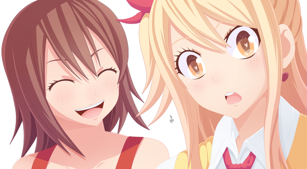 Anime picture 3267x1800 with fairy tail rave master studio deen lucy heartfilia elie (rave) wendytsq long hair blush highres short hair open mouth blonde hair smile brown hair wide image multiple girls brown eyes eyes closed coloring close-up