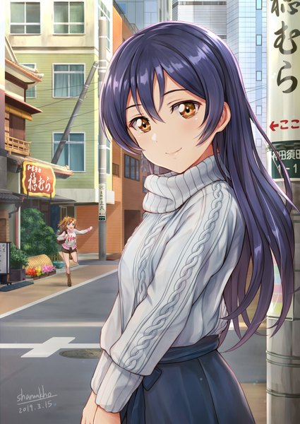 Anime picture 1405x1983 with love live! school idol project sunrise (studio) love live! sonoda umi kousaka honoka shamakho long hair tall image looking at viewer blush fringe short hair open mouth blue eyes smile hair between eyes standing multiple girls holding brown eyes