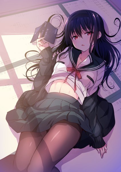 Anime picture 595x842 with original sanshoku amido single long hair tall image looking at viewer blush fringe breasts open mouth black hair hair between eyes red eyes holding indoors lying pleated skirt sunlight off shoulder open clothes