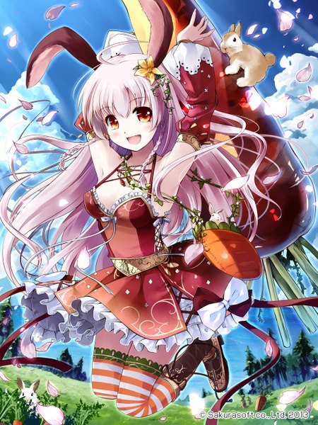 Anime picture 960x1280 with original miyase mahiro single long hair tall image looking at viewer blush open mouth red eyes animal ears white hair bunny ears girl thighhighs dress flower (flowers) bow animal petals bag