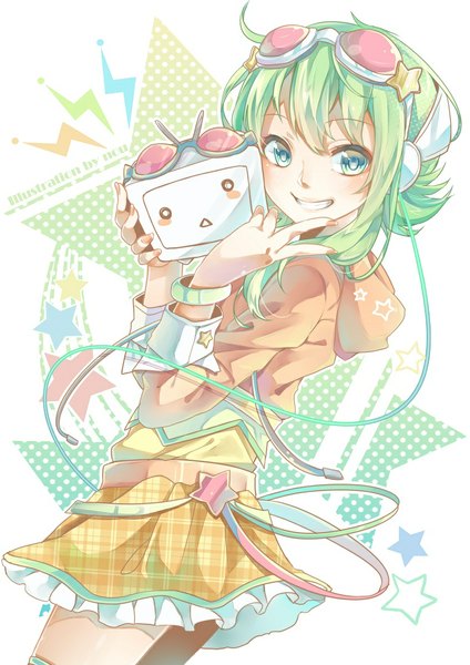 Anime picture 800x1131 with vocaloid nico nico douga gumi nou single tall image looking at viewer short hair smile green eyes ahoge nail polish green hair victory girl hair ornament headphones star (symbol) goggles wire (wires)