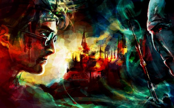 Anime picture 1600x1000 with harry potter harry potter (character) tom marvolo riddle lord voldemort alicexz short hair red eyes brown hair wide image green eyes signed sky inscription magic smoke face to face bald boy glasses castle