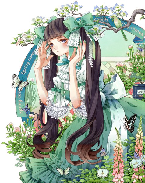 Anime picture 816x1029 with original hamondo single long hair tall image blush fringe black hair standing purple eyes twintails upper body blunt bangs nail polish inscription arms up leaning leaning forward looking up lolita fashion