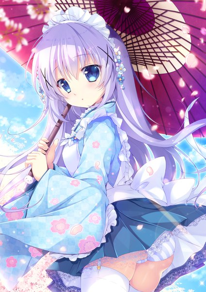 Anime picture 709x1000 with gochuumon wa usagi desu ka? white fox kafuu chino mikeou single long hair tall image blue eyes light erotic purple hair wa maid girl thighhighs dress uniform underwear panties flower (flowers) petals white thighhighs